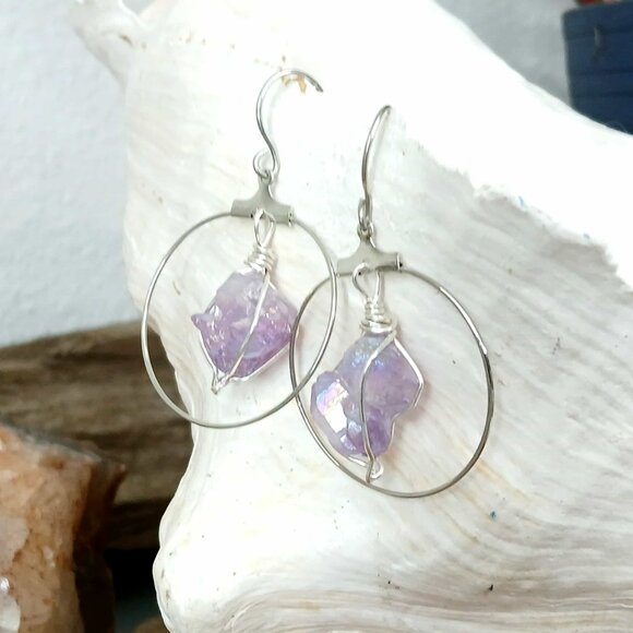 Raw Crystal Dangle Hoop Earrings, Assorted Gemstones, 1 Pair - Picture 3 of 6